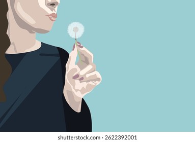 Girl blowing dandelion on blue sky