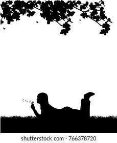Girl blowing the dandelion in park under the tree silhouette, one in the series of similar images