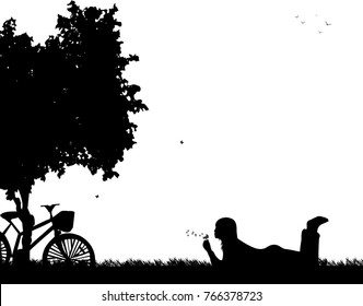 Girl blowing the dandelion in park under the tree, one in the series of similar images silhouette