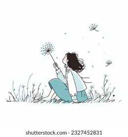 Una niña que sopla semillas de león en un prado de primavera exuberante, ilustración vectorial