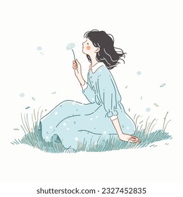 Una niña que sopla semillas de león en un prado de primavera exuberante, ilustración vectorial