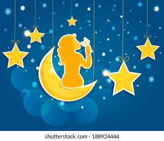 Girl blowing dandelion sitting on the moon against the starry sky. Vector EPS10.