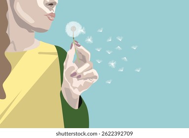 Girl blowing dandelion. Vector illustration.