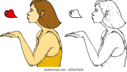 Girl blowing flying kiss  Hand drawn vector illustration 