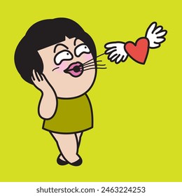 Girl Blowing Up A Heart With Angel Wings Away To Someone Concept Card Character illustration