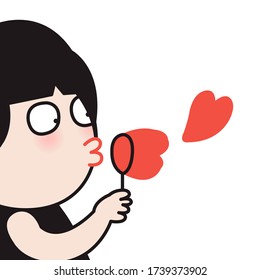 Girl Blowing Heart Shape Bubbles From Wand And Mixture. Valentine Day Concept Card Character illustration