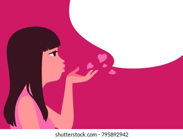 Girl Blowing Kisses Hearts With Balloon For Text, Romantic Love And Valentine's Day Concept, Flat Design On Pink Background, Vector Illustration