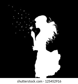 girl blowing over dandelion-black and white vector illustration