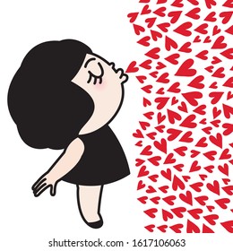 Girl Blowing Red Hearts On White Background. Valentine Day And Love Concept Card Character illustration