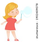 Girl blowing a soap bubble. Vector illustration.Isolated on white background