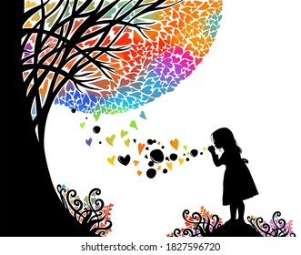 A girl blowing soap bubbles in nature. Heart shaped soap bubbles. Happy Valentine's Day. A tree made of hearts. Vector illustration