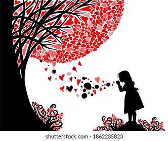 A girl blowing soap bubbles in nature. Heart shaped soap bubbles. Happy Valentine's Day. A tree made of hearts. Vector illustration