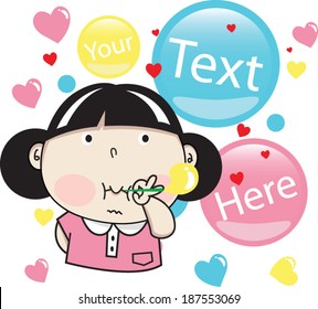 Girl blowing Soap bubbles in white background