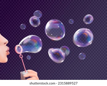 Girl blowing soap bubbles. Woman blow realistic flying bubble blower wand with spectrum rainbow reflection, child game play in foam bubbly shampoo balls, exact vector illustration of soap blowing