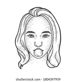 girl blows bubble gum sketch engraving vector illustration. T-shirt apparel print design. Scratch board imitation. Black and white hand drawn image.