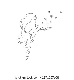 Girl blows hearts from her hands. Vector illustration.