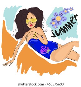 The girl in a blue bathing suit. Vector illustration.