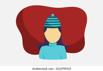 Girl with blue beanie and turtle neck portrait flat vector illustration. Winter season theme element for website, poster, app design, and company promotion