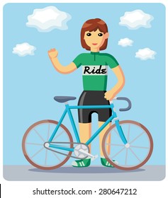 A girl with a blue bicycle, waving hello.