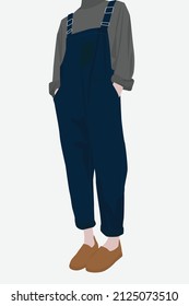 A girl in a blue denim overalls, a gray sweater and beige boots. Vector flat image of a girl. Design for postcards, avatars, posters, backgrounds, templates, textiles.