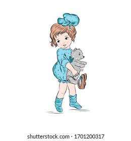 Girl in blue dress with bow on her hair hugs toy bear. Cute baby.  Happy childhood. Hand drawn vintage lady. 