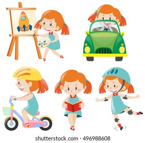Girl in blue dress doing different actions illustration