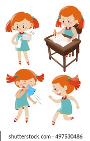 Girl in blue dress doing different actions illustration