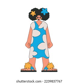A girl in a blue dress with a floral pattern.