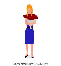 A girl in a blue dress is holding a bouquet of roses in her hands.