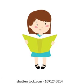 A girl in a blue dress is reading a book. The girl is studying.