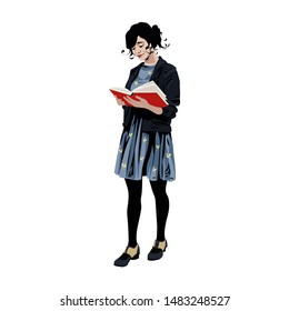 A girl in a blue dress is reading a red book. Ready to study, vector illustration.