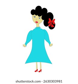 Girl blue dress. Red bow accessory. Vector cartoon character. Black hair detail.