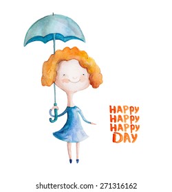 Girl in blue dress with red hair with umbrella. Vector