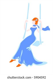 The girl in a blue dress and a scarf shakes on a swing.