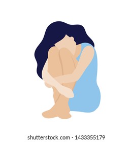 The girl in the blue dress sits with her arms around her knees. She lowered her head to her feet. Sadness, sadness, depression, loss, abortion. Flat vector on white background