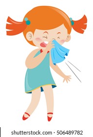 Girl in blue dress sneezing illustration