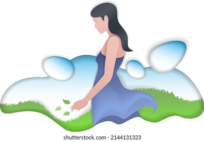 A girl in a blue dress stands in a green field. Female character scatters green leaves. Woman among the grass.Paper cut style.Character origami silhouette.Craft paper cut art illustration.