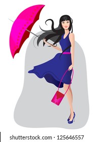 the girl in a blue dress with an umbrella