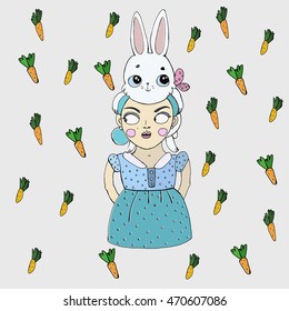 GIRL IN BLUE DRESS WITH WHITE FUNNY RABBIT/AROUND CARROTS