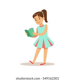 Girl In Blue Dress Who Loves To Read, Illustration With Kid Enjoying Reading An Open Book