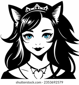 Girl with blue eyes and a cat's head in her hair, wearing a tiara and a cat's tail, bravely default inspired, a manga drawing, gothic art. Cartoon avatar.