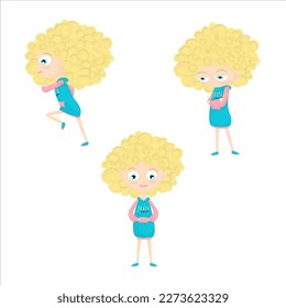 A girl with blue eyes and curly blonde hair. Vector illustration. A set of three emotions.