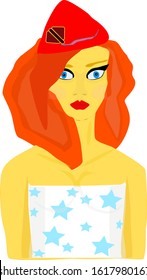 
a girl with blue eyes and red hair, in a red cap, with bare shoulders, in a white T-shirt with stars
