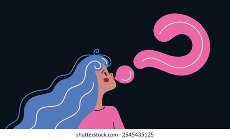 A girl with blue hair blowing a pink bubble gum question mark