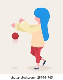 A girl with blue hair catching a red ball