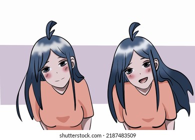 A girl with blue hair with different emotions drawn in anime style