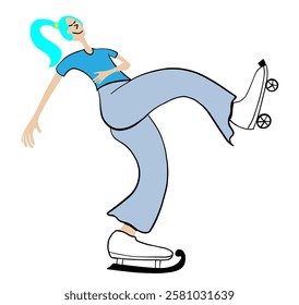 A girl with blue hair is going somewhere. There are roller skates on one leg and skates on the other. Minimalistic multi-colored vector illustration.