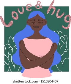 The girl with blue hair hugs herself and smiles. There is a green background behind her and a pink inscription "Love and hug".