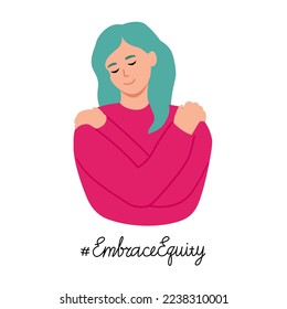 Girl with blue hair hugs herself, women's day and activism concept embrace equity. Colorful vector illustration.