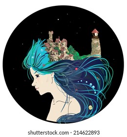 a girl with blue hair and with a little town on her head